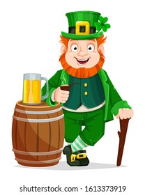 Stock vector Leprechaun cartoon character. Happy St Patrick's day. Illustration of Leprechaun with walking cane, beer and smoking pipe