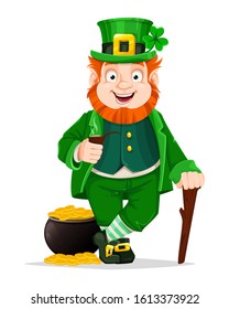 Stock vector Leprechaun cartoon character. Happy St Patrick's day. Illustration of Leprechaun with walking cane and a pot of gold