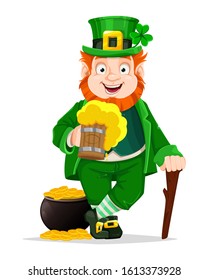 Stock vector Leprechaun cartoon character. Happy St Patrick's day. Illustration of Leprechaun with walking cane, beer and a pot of gold