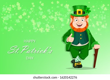 Stock vector Leprechaun cartoon character. Happy St Patrick's day. Illustration of Leprechaun and clover on background