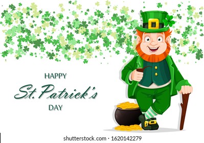 Stock vector Leprechaun cartoon character. Happy St Patrick's day greeting card. Illustration of Leprechaun with walking cane, smoking pipe and a pot of gold