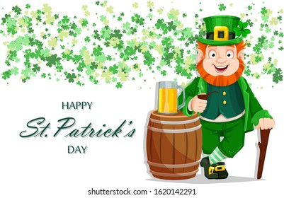 Stock vector Leprechaun cartoon character. Happy St Patrick's day greeting card. Illustration of Leprechaun with walking cane, beer and smoking pipe