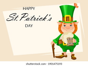 Stock vector leprechaun. Happy St Patrick's day greeting card. Cheerful leprechaun cartoon character with beer and walking cane