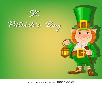 Stock vector leprechaun. Happy St Patrick's day greeting card on green background. Cheerful leprechaun cartoon character holding lantern and walking cane