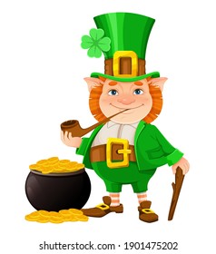 Stock vector leprechaun. Happy St Patrick's day. Cheerful leprechaun cartoon character isolated on white background