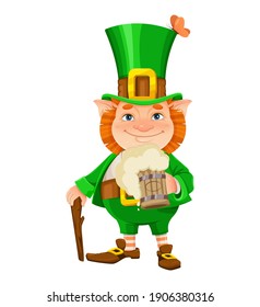 Stock vector leprechaun. Happy St Patrick's day. Cheerful leprechaun cartoon character with beer and walking cane