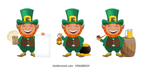 Stock vector leprechaun. Happy St Patrick's day greeting card. Cheerful leprechaun cartoon character, set of three poses