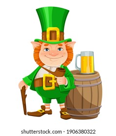 Stock vector leprechaun. Happy St Patrick's day. Cheerful leprechaun cartoon character with smoking pipe