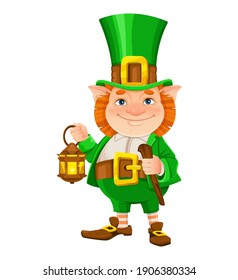 Stock vector leprechaun. Happy St Patrick's day. Cheerful leprechaun cartoon character holding lantern and walking cane