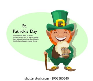Stock vector leprechaun. Happy St Patrick's day greeting card. Cheerful leprechaun cartoon character holding beer and walking cane. 