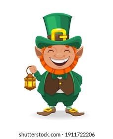 Stock vector leprechaun. Happy St Patrick's day. Cheerful leprechaun cartoon character holding lantern. 