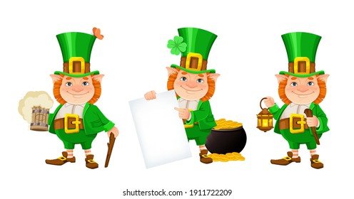 Stock vector leprechaun. Happy St Patrick's day. Cheerful leprechaun cartoon character, set of three poses on white background