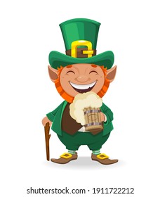 Stock vector leprechaun. Happy St Patrick's day. Cheerful leprechaun cartoon character holding a mug of beer. 