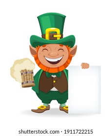 Stock vector leprechaun. Happy St Patrick's day. Cheerful leprechaun cartoon character holding beer and blank placard. 
