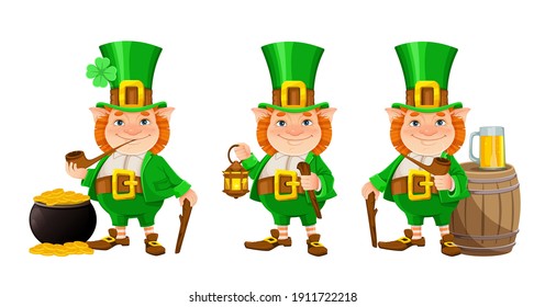 Stock vector leprechaun. Happy St Patrick's day. Cheerful leprechaun cartoon character, set of three poses