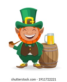 Leprechaun vectorial de stock. Feliz Día de San Patricio. Alegre personaje de caricatura de leprechaun con pipa de fumar y cerveza. 