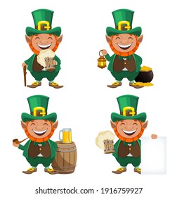 Stock vector leprechaun. Happy St Patrick's day greeting card. Cheerful leprechaun cartoon character, set of four poses