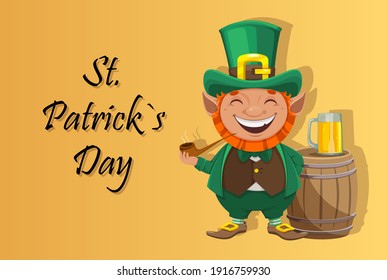 Stock vector leprechaun. Happy St Patrick's day greeting card. Cheerful leprechaun cartoon character with smoking pipe and beer