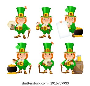 Stock vector leprechaun. Happy St Patrick's day. Cheerful leprechaun cartoon character, set of six poses