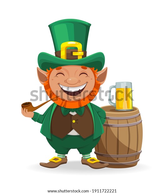 Stock\
vector leprechaun. Happy St Patrick\'s day. Cheerful leprechaun\
cartoon character with smoking pipe and beer.\
