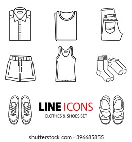 Stock vector line icons with flat design elements of clothing and footwear.