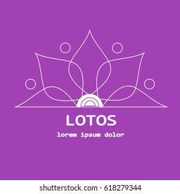 Stock vector line yoga template, graphic design elements for spa center, studio, yoga club. Stylized thin white line lotos and lorem ipsum on violet