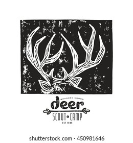 Stock vector linocut with a image of deer horns. Graphic design for t-shirt. Black print on white background