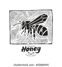 Stock Vector Linocut With A Picture Of Bee And Honey Label. Black Print On White Background