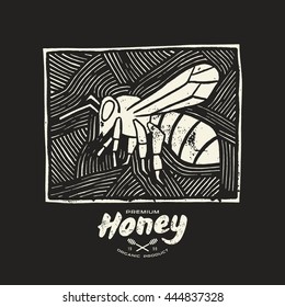 Stock Vector Linocut With A Picture Of Bee And Honey Label. White Print On Black Background