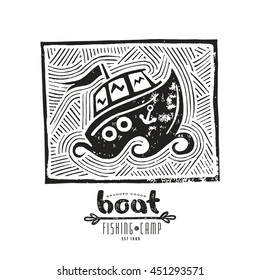 Stock vector linocut with a picture of boat. Graphic design for t-shirt. Black print on white background