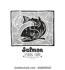 Stock Vector Linocut With A Picture Of Salmon. Black Print On White Background