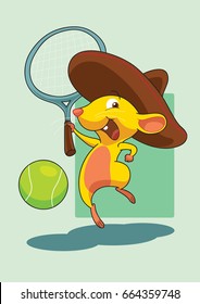 Stock Vector of  little mouse with sombrero hat playing tennis. Great for mascot.