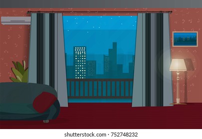 stock vector living room interior, view evening city  illustration design