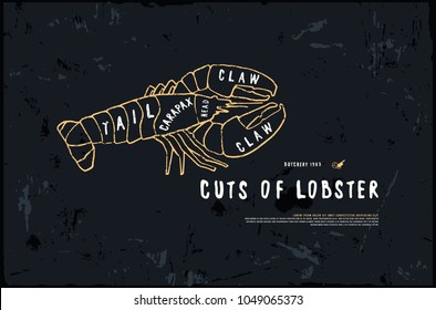 Stock vector lobster cuts diagram in the style of handmade graphics. Illustration with rough texture. Color print on black background