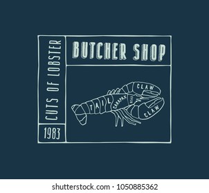 Stock vector lobster cuts diagram in the style of handmade graphics. Label template for butcher shop. Color print on dark blue background