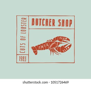 Stock vector lobster cuts diagram in the style of handmade graphics. Label template for butcher shop. Color print on blue background