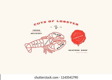 Stock vector lobster cuts diagram in thin line style. Color print on white background