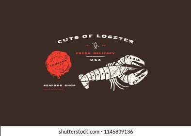 Stock vector lobster cuts diagram in flat style. Design with rough texture. Color print on black background 