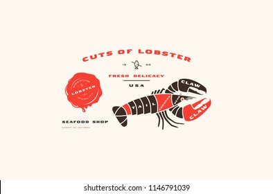 Stock vector lobster cuts diagram in flat style. Color print on white background