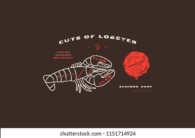 Stock vector lobster cuts diagram in thin line style. Design with rough texture. Color print on black background