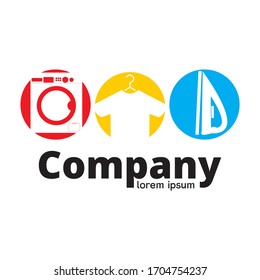 Stock vector logo for laundry company featuring icons of washing machine, hung t-shirt, and iron