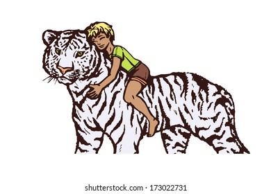 Stock vector lovely little boy hugging pet friend tiger with passion 