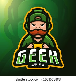 stock vector man playing console game mascot. logo, badge, esport logo, and emblem with modern illustration concept style.