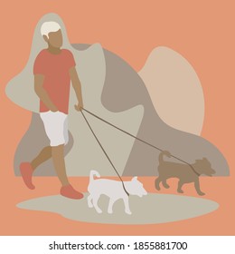 Stock vector man walking two dogs made in a flat design on the background of abstract geometric shapes. Quality image for your project