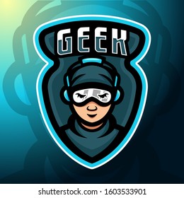 stock vector man wearing headphones mascot. logo, badge, esport logo, and emblem with modern illustration concept style.