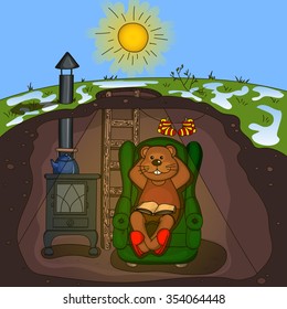 Stock Vector marmot. Holiday Groundhog Day. Sunny.