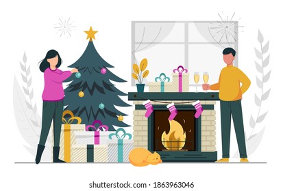 Stock vector. Merry Christmas and Happy New Year. Couple preparing for celebration. Vector illustration