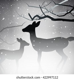 Stock Vector Misty Snow Scene Silhouette Deer in forest