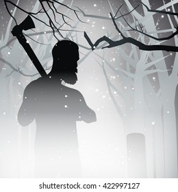 Stock Vector Misty Snow Scene Silhouette Woodsman in forest