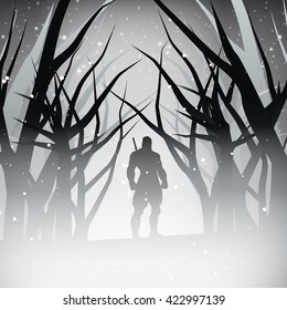 Stock Vector Misty Snow Scene Silhouette Ninja in forest